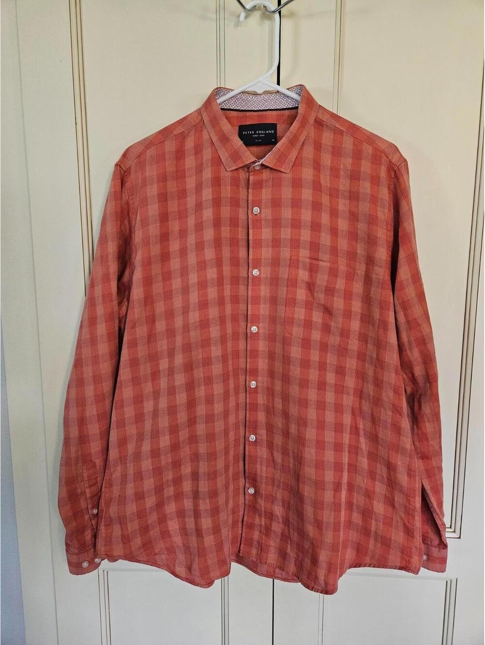Peter England Men's Orange Checked Long Sleeve Shirt-Size 44 (XXL) Slim